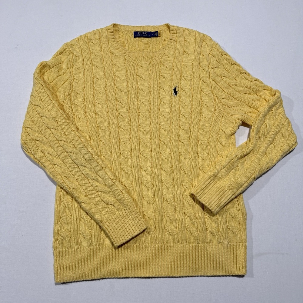 Polo Ralph Lauren Mens Medium Pastel Yellow Cable Knit Cotton Pullover Sweater